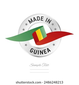 Made in Guinea. Guinea flag ribbon with circle silver ring seal stamp icon. Guinea sign label vector isolated on white background