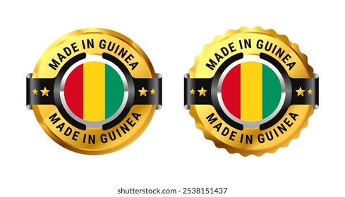 Hecho en Guinea icono de un círculo de oro con una imagen de una bandera en el medio. Para el icono, la muestra, el sello, la insignia, el logotipo, la etiqueta, la marca, el símbolo, el Anuncio etc. Moderno y minimalista. Ilustración vectorial