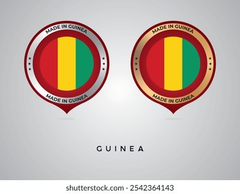 Hecho en Guinea. etiquetas, pegatinas, puntero, insignia y símbolo del icono de la bandera de Guinea. Ilustración vectorial de la colección