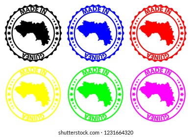 Made in Guinea - rubber stamp - vector, Guinea map pattern - black, blue, green, yellow, purple and red