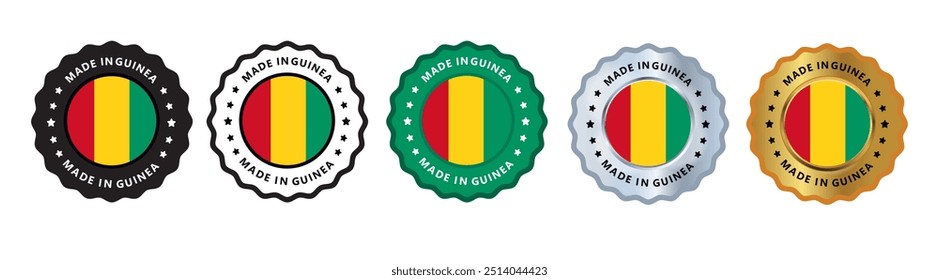 Made in guinea set of sign stamp badge, with varian color green, silver, gold, black suitable for products manufactured, military, agriculture or food vector illustration eps editable text