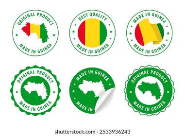 Hecho en Guinea - conjunto de sellos y pegatinas con mapa y bandera. La mejor calidad. Producto original. Ilustración vectorial.