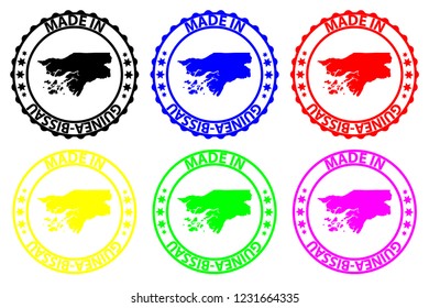 Made in Guinea-Bissau - rubber stamp - vector, Guinea-Bissau map pattern - black, blue, green, yellow, purple and red