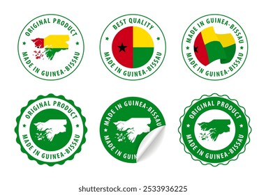 Hecho en Guinea-Bissau - conjunto de sellos y pegatinas con mapa y bandera. La mejor calidad. Producto original. Ilustración vectorial.