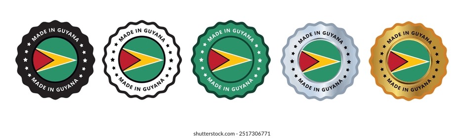 Made in the guyana set of sign stamp badge, with varian color blue, silver, gold, black suitable for products manufactured, military, agriculture or food vector illustration eps editable text