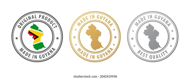 Made in Guyana - set of stamps with map and flag. Best quality. Original product. Vector illustration