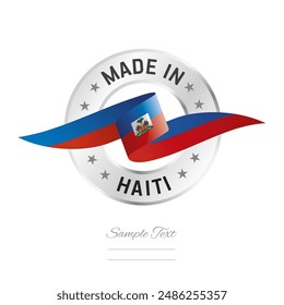 Made in Haiti. Haiti flag ribbon with circle silver ring seal stamp icon. Haiti sign label vector isolated on white background