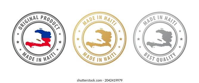 Made in Haiti - set of stamps with map and flag. Best quality. Original product. Vector illustration