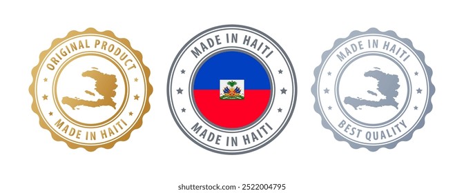 Made in Haiti - Briefmarken mit Karte und Flagge. Beste Qualität. Originalprodukt. Vektorgrafik