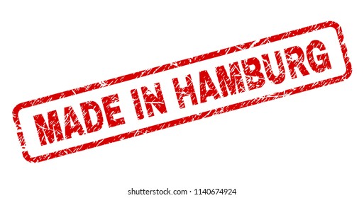 MADE IN HAMBURG stamp seal print with distress style. Red vector rubber print of MADE IN HAMBURG text with dust texture. Text label is placed inside rounded rectangle frame.