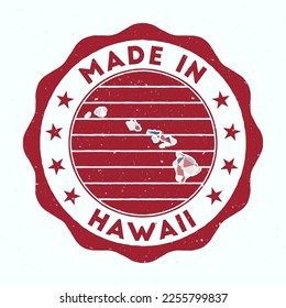 Made In Hawaii. Island round stamp. Seal of Hawaii with border shape. Vintage badge with circular text and stars. Vector illustration.