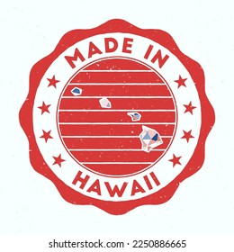 Hecho En Hawaii. Sello de la ronda del estado de los Estados Unidos. Sello de Hawaii con forma de borde. Banda vintage con texto circular y estrellas. Ilustración vectorial.