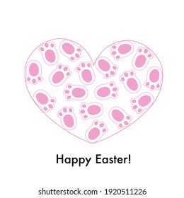 Made Of Heart Pink Bunny Foot Prints. Happy Easter Greeting Card, T-shirt, Spring Time, Party Theme Design Element.