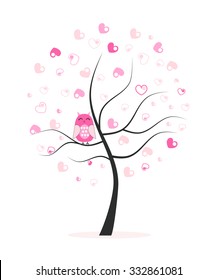 Made of hearts tree with owl vector background