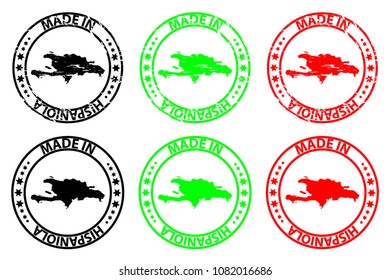 Made in Hispaniola - rubber stamp - vector, Hispaniola map pattern - black, green and red