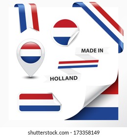 Made in Holland collection of ribbon, label, stickers, pointer, badge, icon and page curl with Netherlands flag symbol on design element. Vector EPS10 illustration isolated on white background.