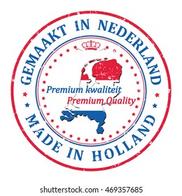 Made in Holland, Premium Quality (text written in English and Dutch languages) - grunge stamp ribbon with the map of Holland and Dutch flag colors. Print colors used