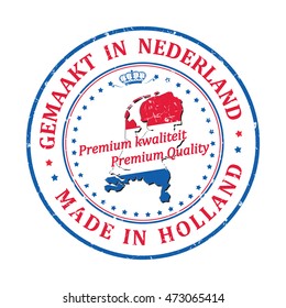 Made in Holland, Premium Quality (text written in English and Dutch languages) - grunge stamp ribbon with the map of Holland and Dutch flag colors. Print colors used