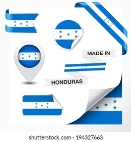 Made in Honduras collection of ribbon, label, stickers, pointer, badge, icon and page curl with Honduran flag symbol on design element. Vector EPS 10 illustration isolated on white background.