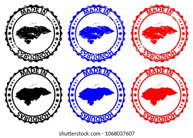 Made in Honduras - rubber stamp - vector, Honduras map pattern - black, blue and red