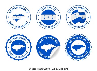 Hecho en Honduras - conjunto de etiquetas, sellos, insignias, con el mapa de Honduras y la bandera. La mejor calidad. Producto original. Ilustración vectorial