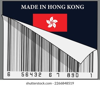 Made in Hong Kong text and their country flag sign with half scrolled barcode poster design. Isolated on gray background.