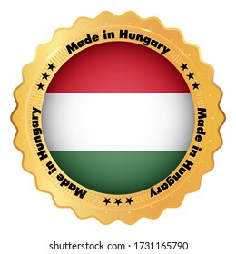 Made in Hungary badge with flag and stars inside gold shiny emblem. Black color text. Stock vector illustration on white isolated background.