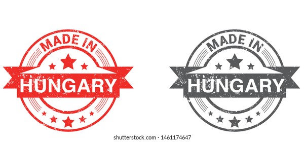 Made in Hungary collection of ribbon, label, stickers, badge, icon and page curl with Hungary flag symbol. Vector illustration isolated on white background.  Stamp with Made in Hungary text.

