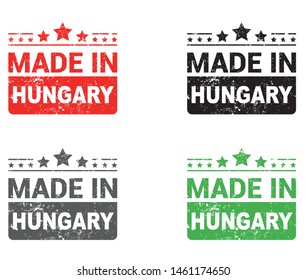 Made in Hungary collection of ribbon, label, stickers, badge, icon and page curl with Hungary flag symbol. Vector illustration isolated on white background.  Stamp with Made in Hungary text.
