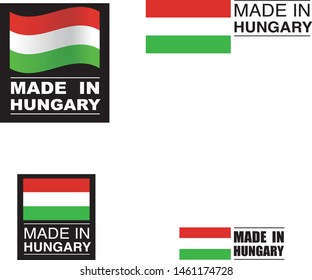 Made in Hungary collection of ribbon, label, stickers, badge, icon and page curl with Hungary flag symbol. Vector illustration isolated on white background.  Stamp with Made in Hungary text.
