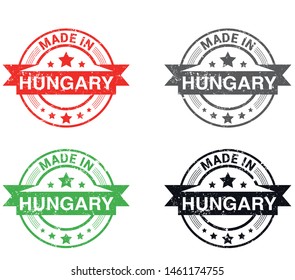 Made in Hungary collection of ribbon, label, stickers, badge, icon and page curl with Hungary flag symbol. Vector illustration isolated on white background.  Stamp with Made in Hungary text.
