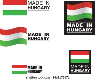 Made in Hungary collection of ribbon, label, stickers, badge, icon and page curl with Hungary flag symbol. Vector illustration isolated on white background.  Stamp with Made in Hungary text.
