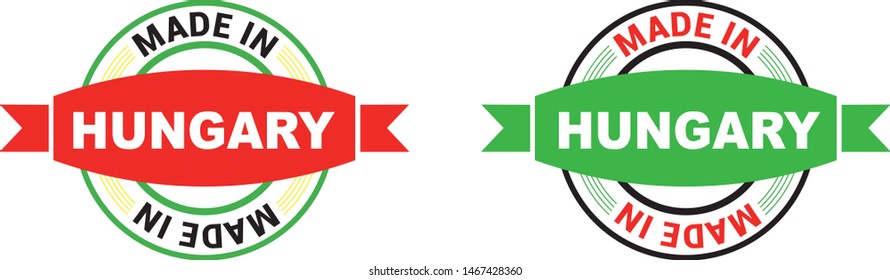 Made in Hungary collection of ribbon, label, stickers, badge, icon and page curl with Hungary flag symbol. Vector illustration isolated on white background.  Stamp with Made in Hungary text.
