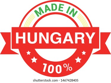 Made in Hungary collection of ribbon, label, stickers, badge, icon and page curl with Hungary flag symbol. Vector illustration isolated on white background.  Stamp with Made in Hungary text.
