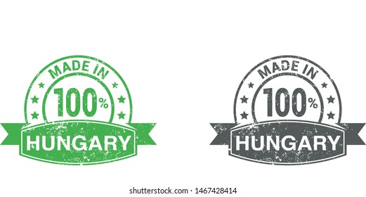 Made in Hungary collection of ribbon, label, stickers, badge, icon and page curl with Hungary flag symbol. Vector illustration isolated on white background.  Stamp with Made in Hungary text.
