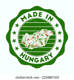 Made in Hungary. Country round stamp. Seal of Hungary with border shape. Vintage badge with circular text and stars. Vector illustration.