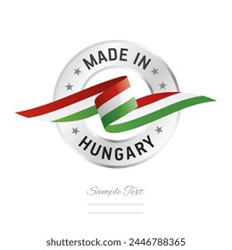 Made in Hungary. Hungary flag ribbon with circle silver ring seal stamp icon. Hungary sign label vector isolated on white background