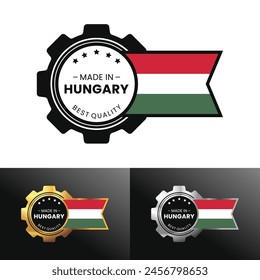 Made in Hungary with gear and flag design. For banner, stamp, sticker, icon, logo, symbol, label, badge, seal, sign. Vector Illustration