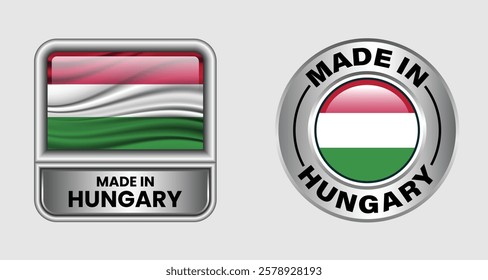 Made in Hungary label icon set in silver color, featuring both rectangular and circular designs. Includes the  Hungary flag icon, ideal for business and product branding