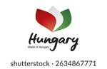 Made in Hungary logo, sticker. Abstract Hungary flag and ribbon in shape of leaf flower with handwritten typography lettering