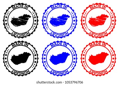 Made in Hungary - rubber stamp - vector, Hungary map pattern - black, blue and red