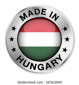 Made in Hungary silver badge and icon with central glossy Hungarian flag symbol and stars. Vector EPS10 illustration isolated on white background.