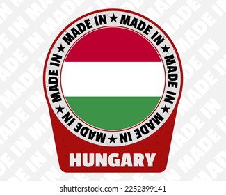 Hergestellt in Ungarn, Vektorschild, einfaches, isoliertes Symbol mit Länderflagge, ungarische Ursprungskennzeichnung, Design, gerundet in Text
