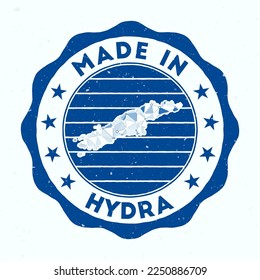 Made In Hydra. Island round stamp. Seal of Hydra with border shape. Vintage badge with circular text and stars. Vector illustration.