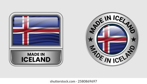 Made in Iceland label icon set in gold color, featuring both rectangular and circular designs. Includes the  Iceland flag icon, ideal for business and product branding