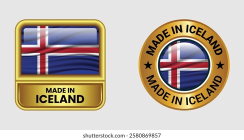 Made in Iceland label icon set in gold color, featuring both rectangular and circular designs. Includes the Iceland flag icon, ideal for business and product branding