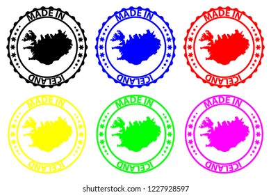 Made in Iceland - rubber stamp - vector, Iceland map pattern - black, green, yellow, purple, blue and red