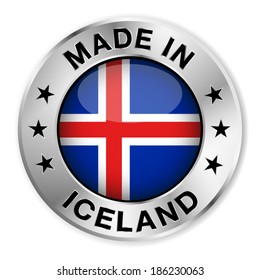 Made in Iceland silver badge and icon with central glossy Icelander flag symbol and stars. Vector EPS 10 illustration isolated on white background.