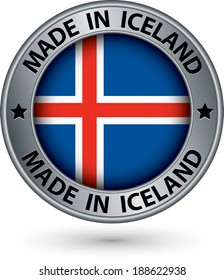 Made in Iceland silver label with flag, vector illustration