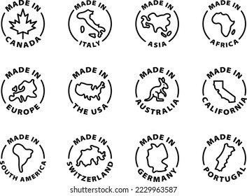 made in icon set . Isolated vector black outline stamp label rounded badge product tag on transparent background. Symbols. Made in Canada, Italy, Africa, Europe, USA, Australia, California, Germany